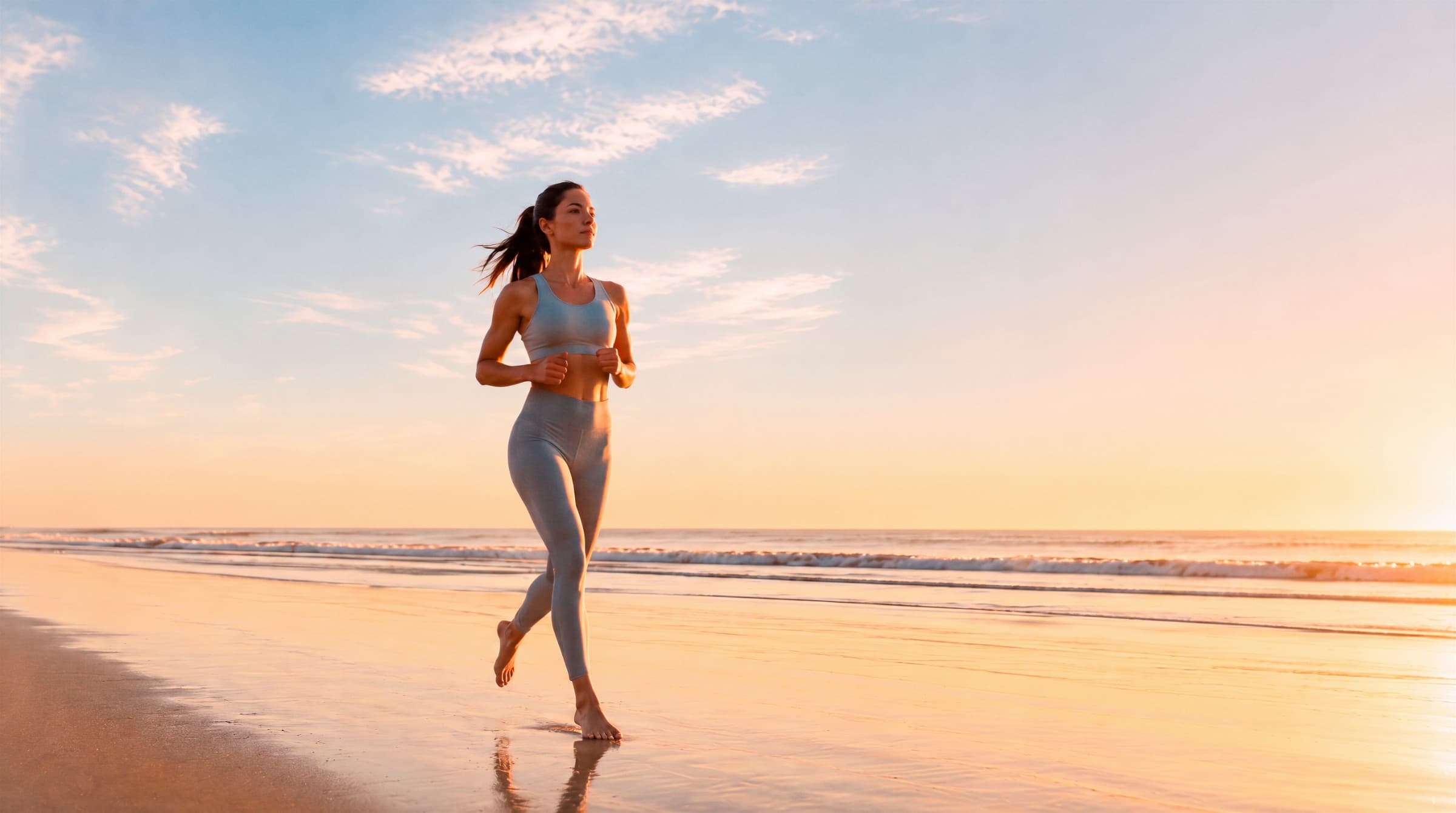Mulher correndo na praia ao amanhecer